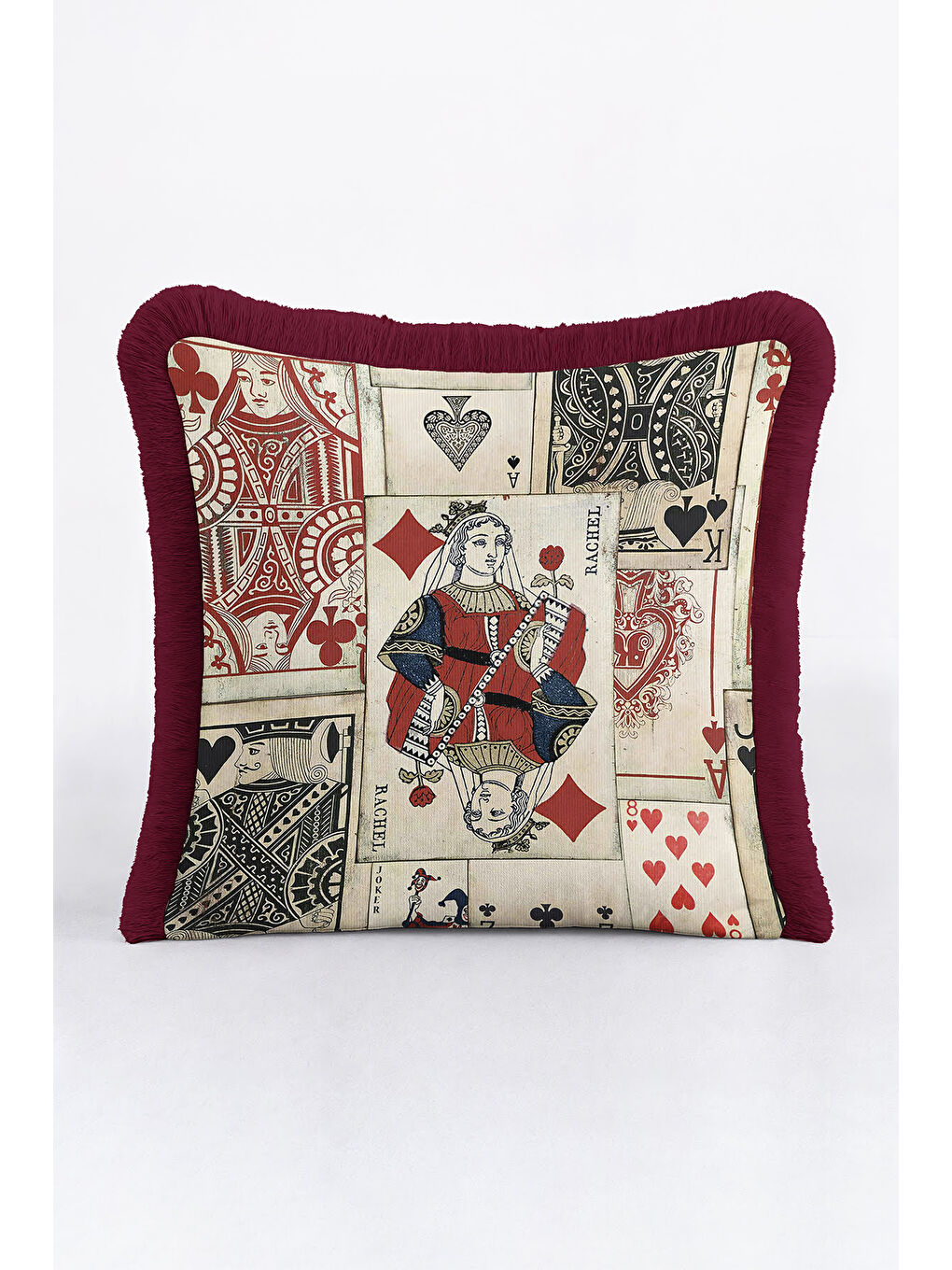 Karışık Vintage Oyun Kartları Saçaklı Yastık Kılıfı - Retro Stil Bordo Püsküllü Kırlent Kılıfı-2