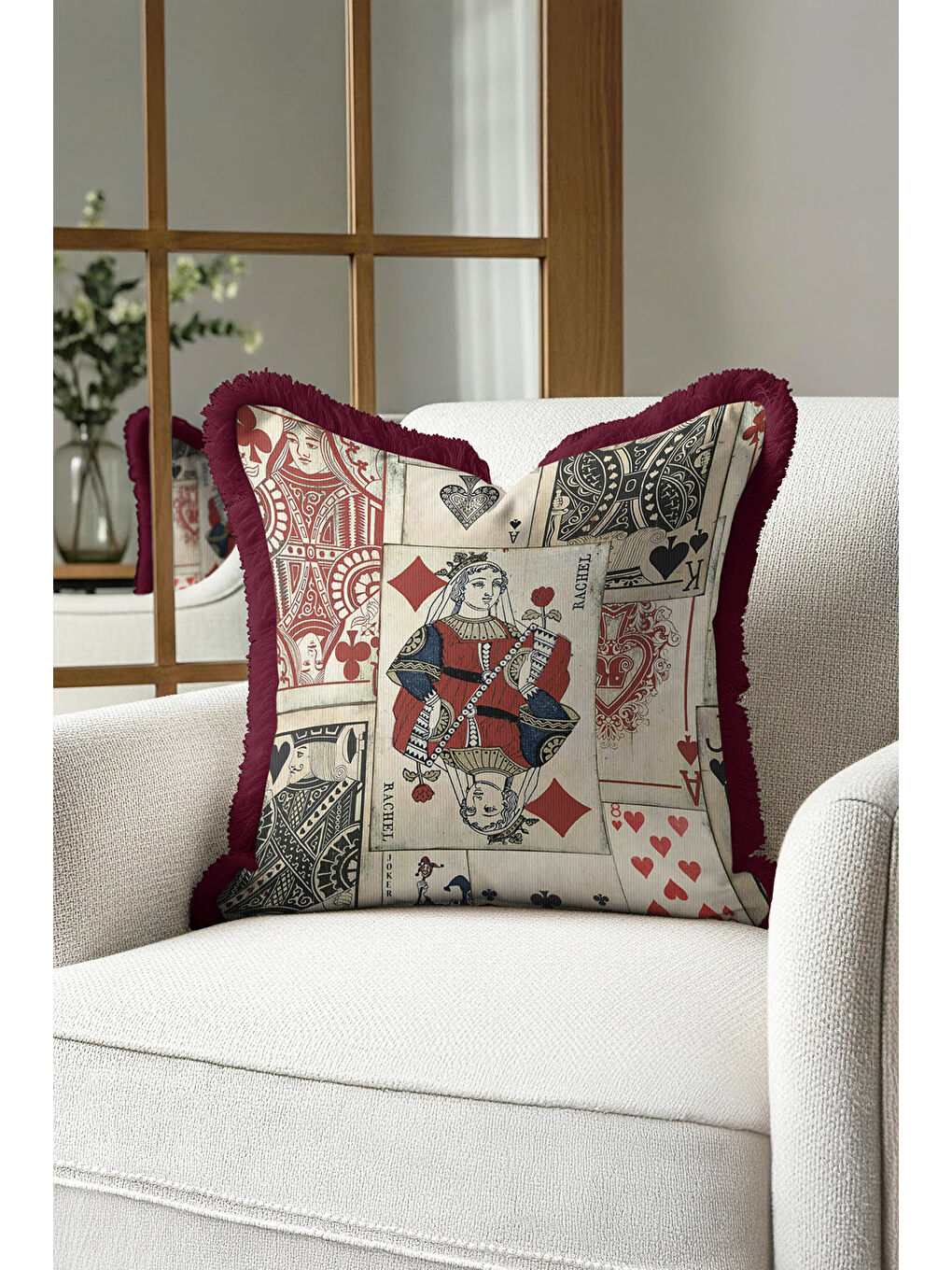 Karışık Vintage Oyun Kartları Saçaklı Yastık Kılıfı - Retro Stil Bordo Püsküllü Kırlent Kılıfı-3
