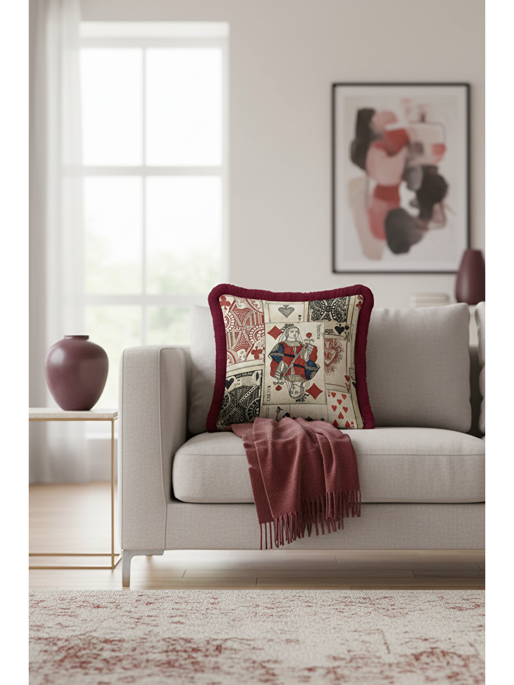 Karışık Vintage Oyun Kartları Saçaklı Yastık Kılıfı - Retro Stil Bordo Püsküllü Kırlent Kılıfı-4