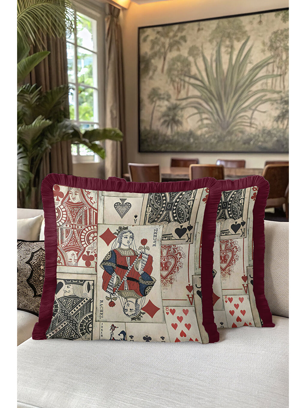 Karışık Vintage Oyun Kartları Saçaklı Yastık Kılıfı - Retro Stil Bordo Püsküllü Kırlent Kılıfı-5