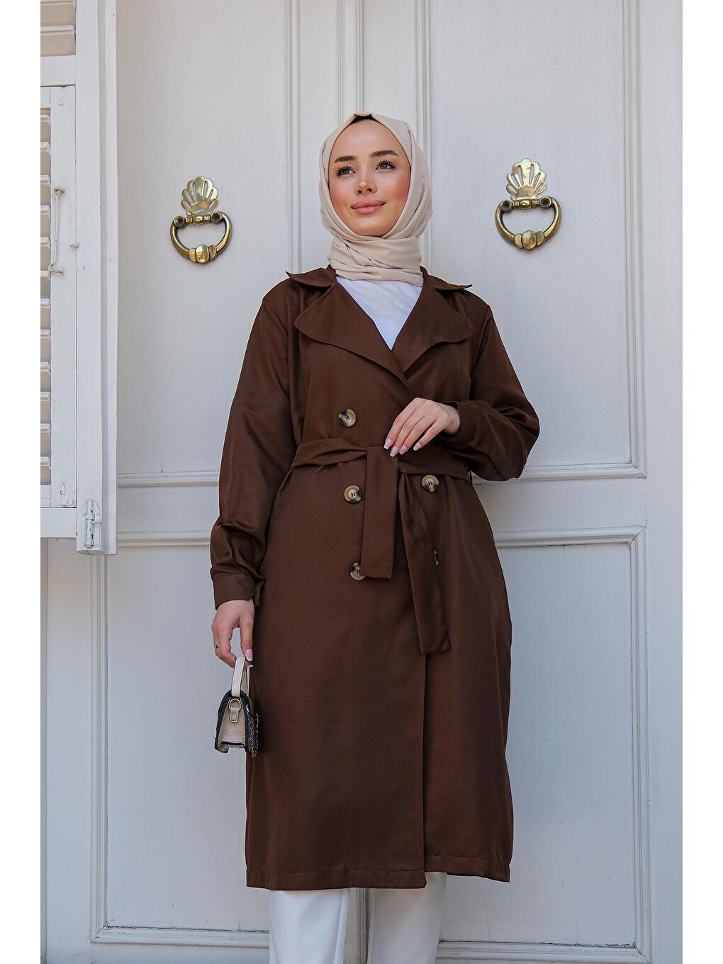 Bel Bağlamalı Trençkot Kahverengi