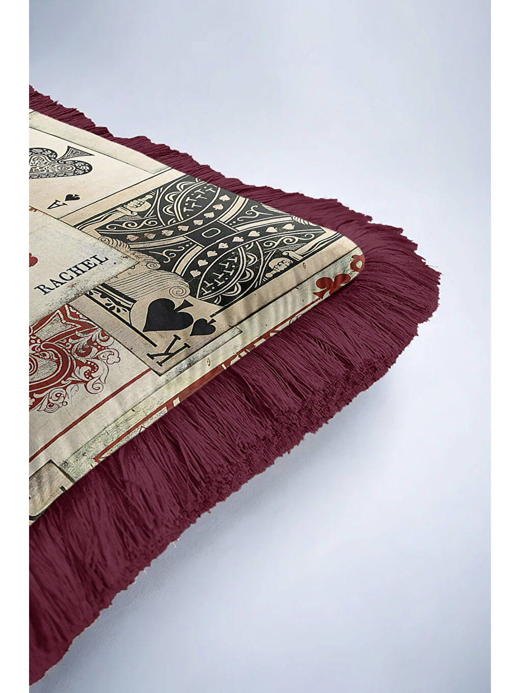 Karışık Vintage Oyun Kartları Saçaklı Yastık Kılıfı - Retro Stil Bordo Püsküllü Kırlent Kılıfı-6