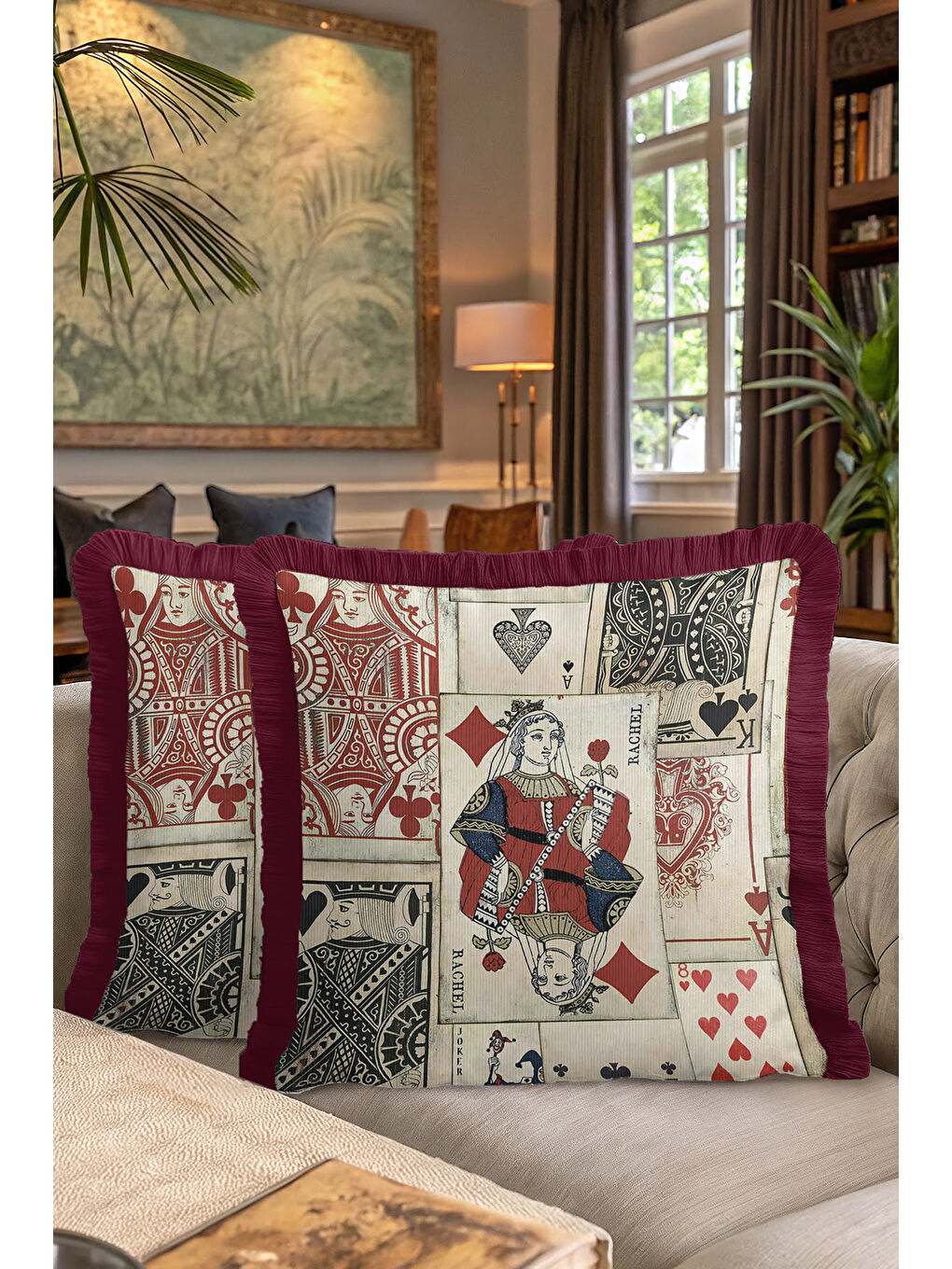 Karışık Vintage Oyun Kartları Saçaklı Yastık Kılıfı - Retro Stil Bordo Püsküllü Kırlent Kılıfı-7