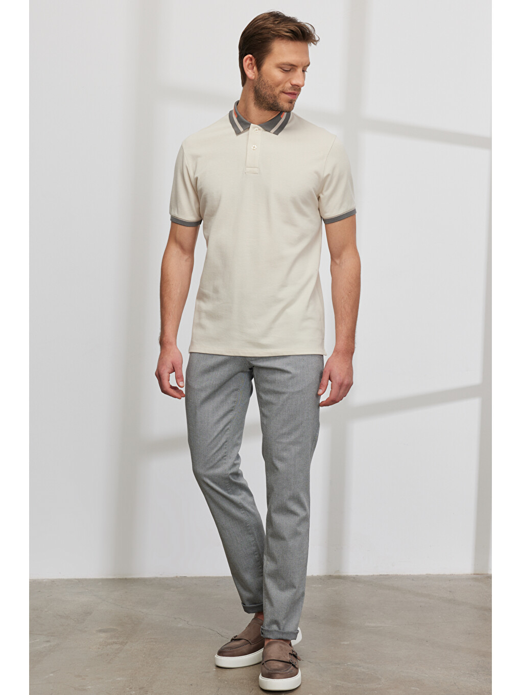 Erkek Bej Slim Fit Dar Kesim %100 Pamuk Polo Yaka Tişört-4