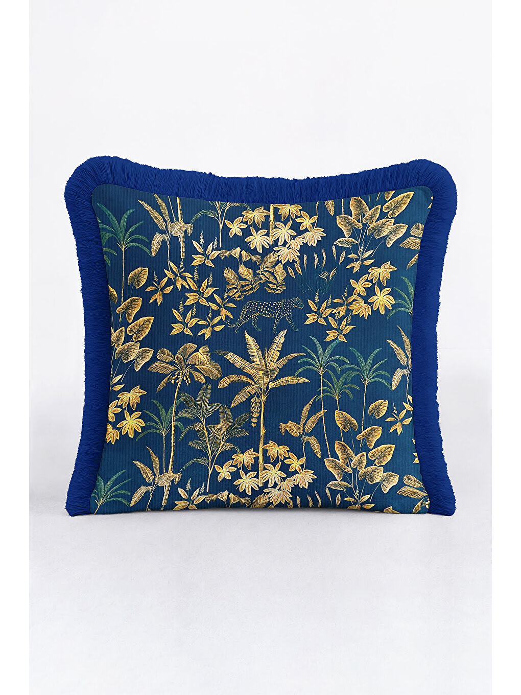 Karışık Tropikal Orman Altın Renkli Saçaklı Yastık Kılıfı - Lüks Bohem Lacivert Püsküllü Kırlent Kılıfı-1