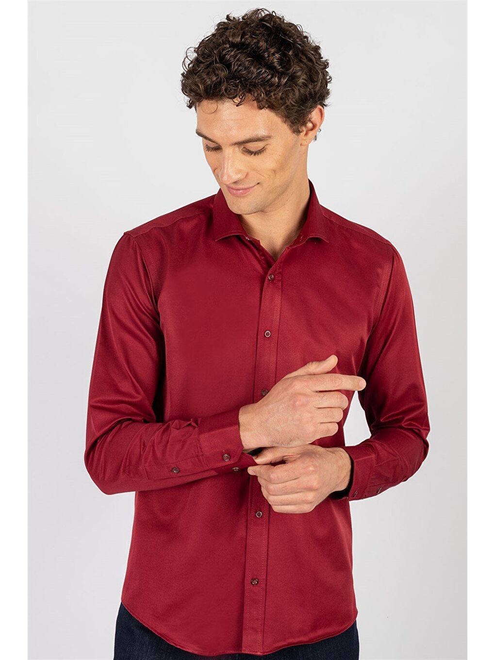 Modern Slim Fit Uzun Kollu Düz Saten Pamuklu Erkek Bordo Gömlek-1