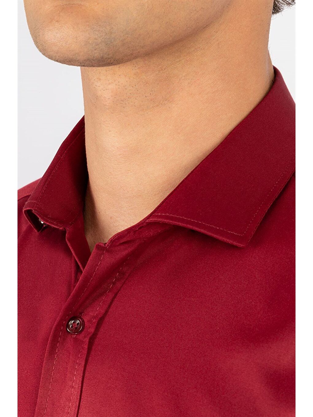 Modern Slim Fit Uzun Kollu Düz Saten Pamuklu Erkek Bordo Gömlek-2