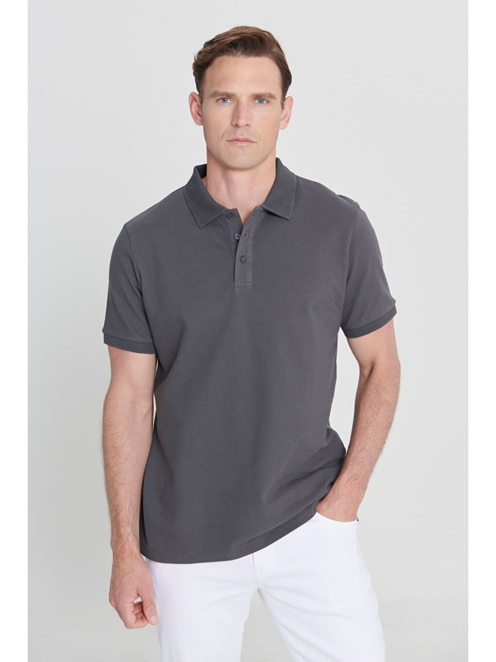 Erkek Antrasit Slim Fit Dar Kesim Polo Yaka %100 Pamuk Kısa Kollu Tişört-1
