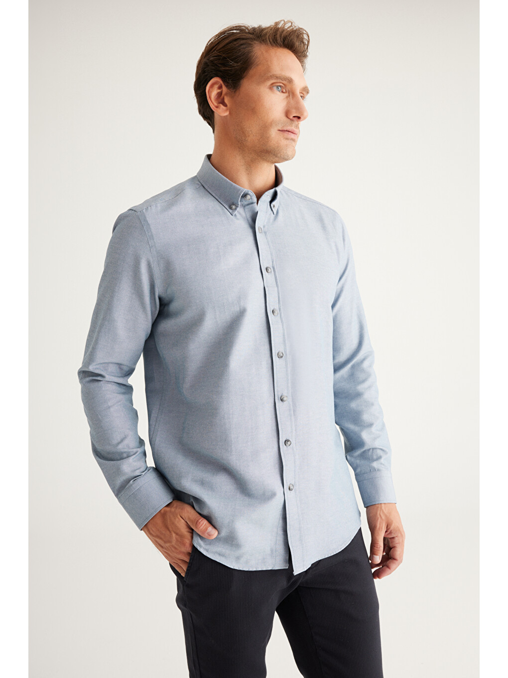 Erkek Gri Tailored Slim Fit Dar Kesim Düğmeli Yaka Oxford Gömlek-7