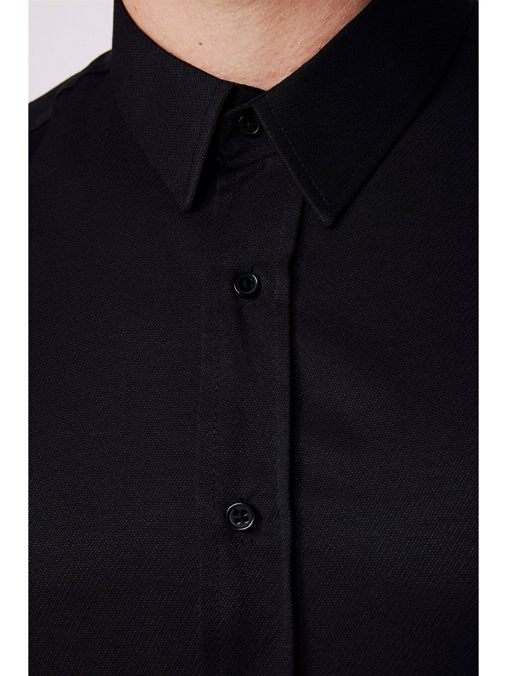 Modern Slim Fit Uzun Kollu Pamuklu Kolay Ütü Armürlü Erkek Siyah Gömlek-3