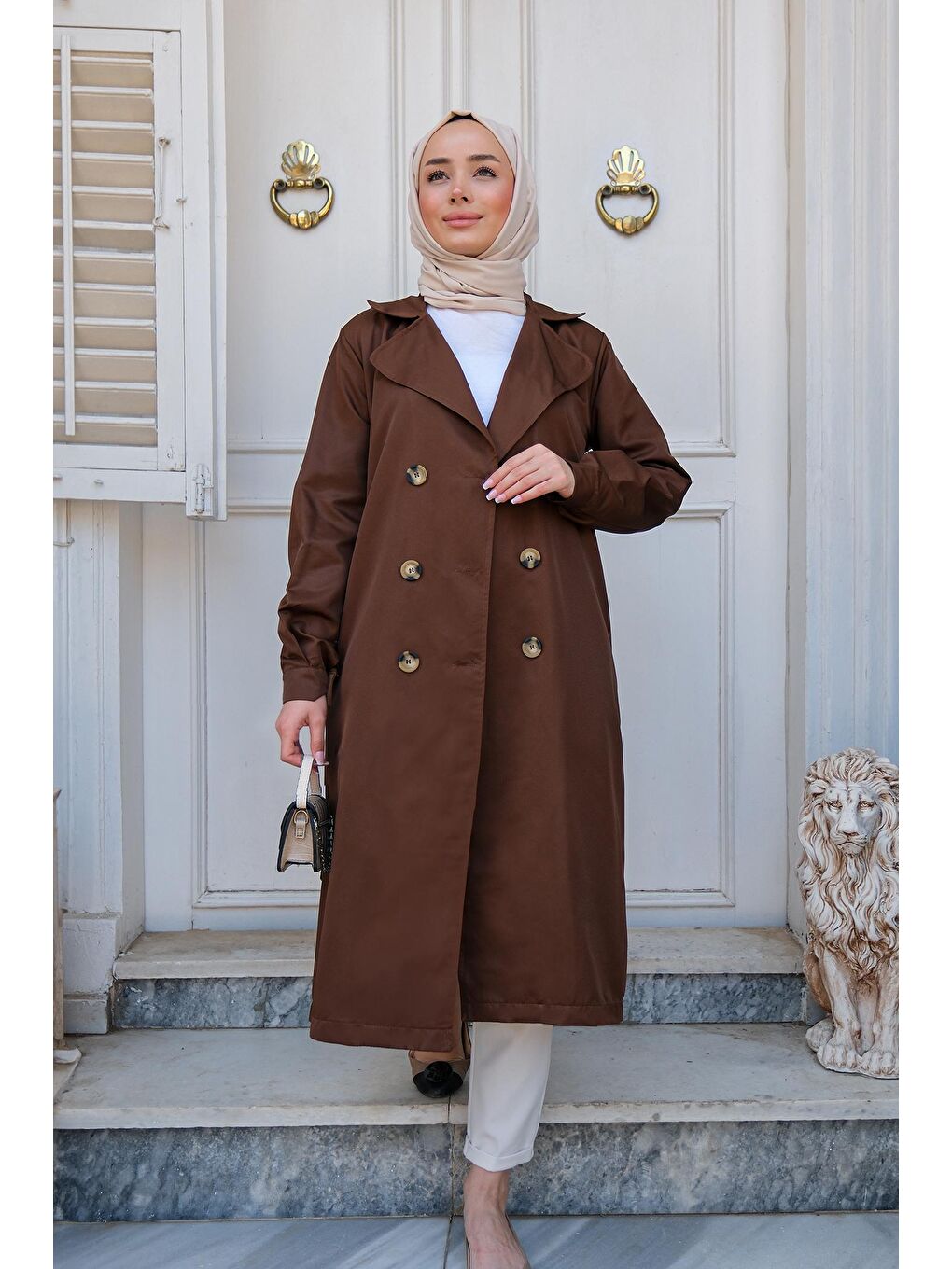 Bel Bağlamalı Trençkot Kahverengi-3