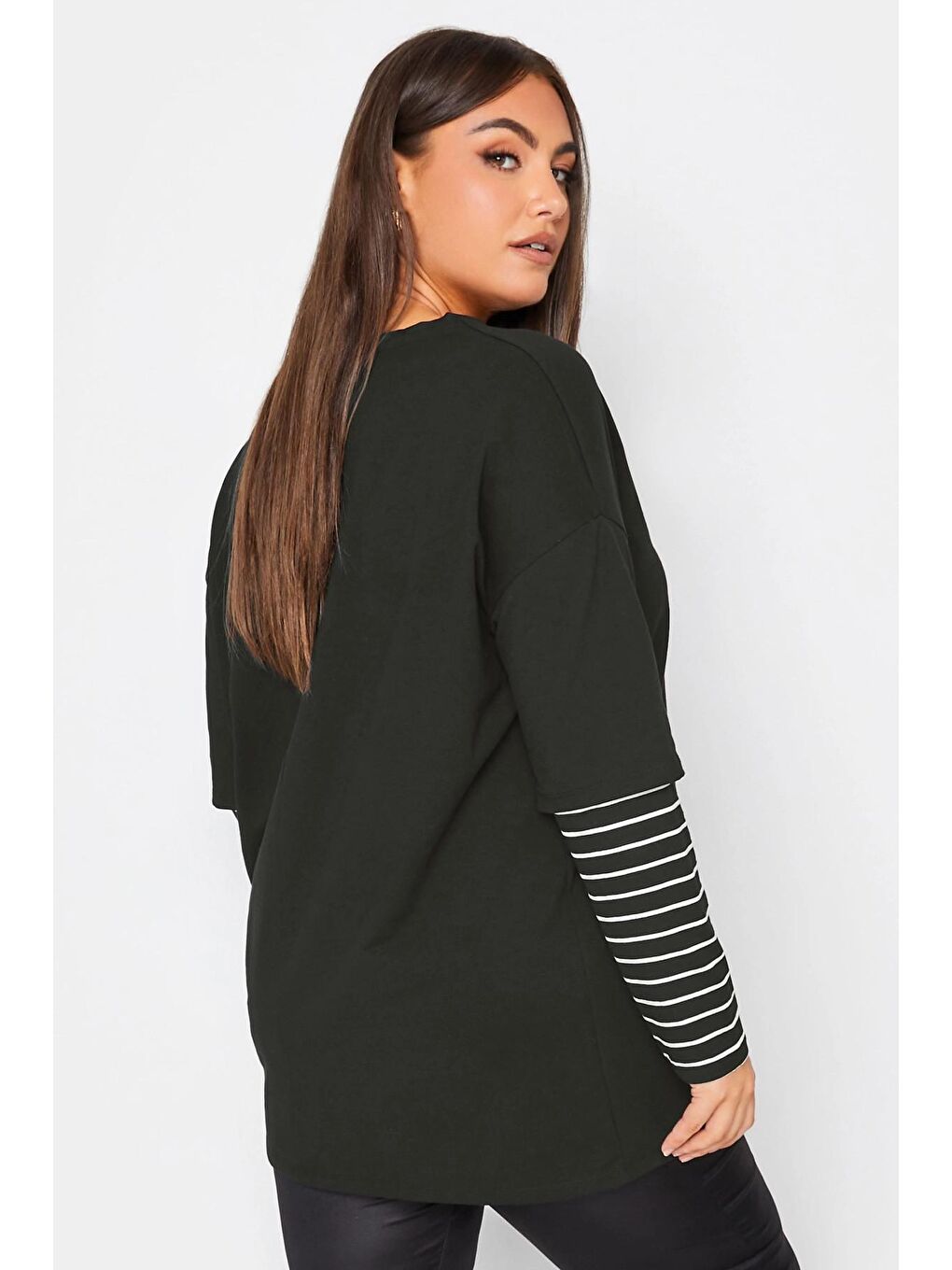 Siyah Büyük Beden Bisiklet Yaka Uzun Kollu Çift Katlı Kolları Çizgili Tişört 302558-4