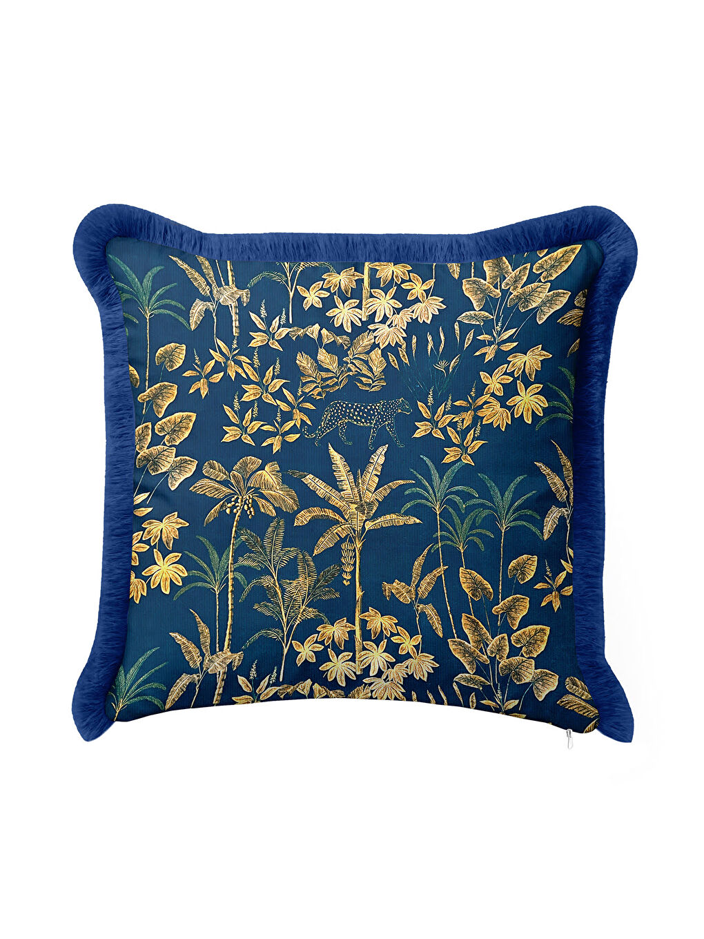 Karışık Tropikal Orman Altın Renkli Saçaklı Yastık Kılıfı - Lüks Bohem Lacivert Püsküllü Kırlent Kılıfı-3