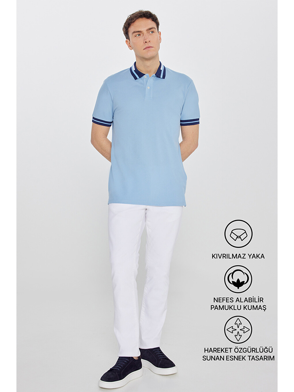 Erkek Açık Mavi Slim Fit Dar Kesim %100 Pamuk Polo Yaka Tişört