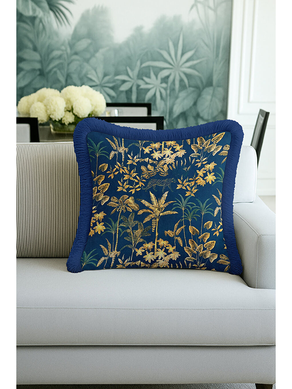 Karışık Tropikal Orman Altın Renkli Saçaklı Yastık Kılıfı - Lüks Bohem Lacivert Püsküllü Kırlent Kılıfı-4