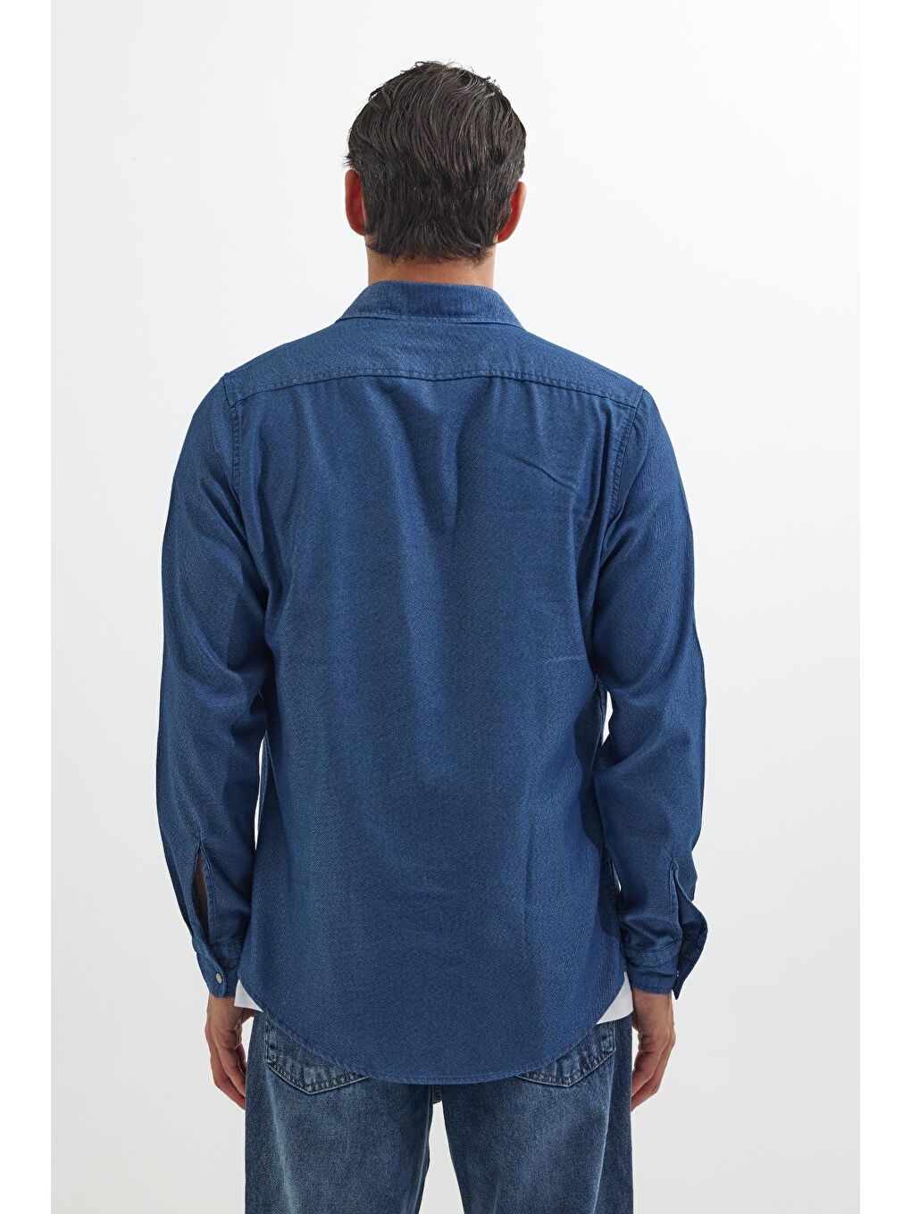 Slim Fit Uzun Kollu Spor Yaka Yıkamalı Çift Cepli Armürlü Denim Jean İndigo Erkek Gömlek-6