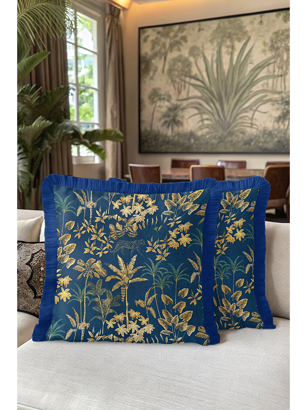 Karışık Tropikal Orman Altın Renkli Saçaklı Yastık Kılıfı - Lüks Bohem Lacivert Püsküllü Kırlent Kılıfı-5