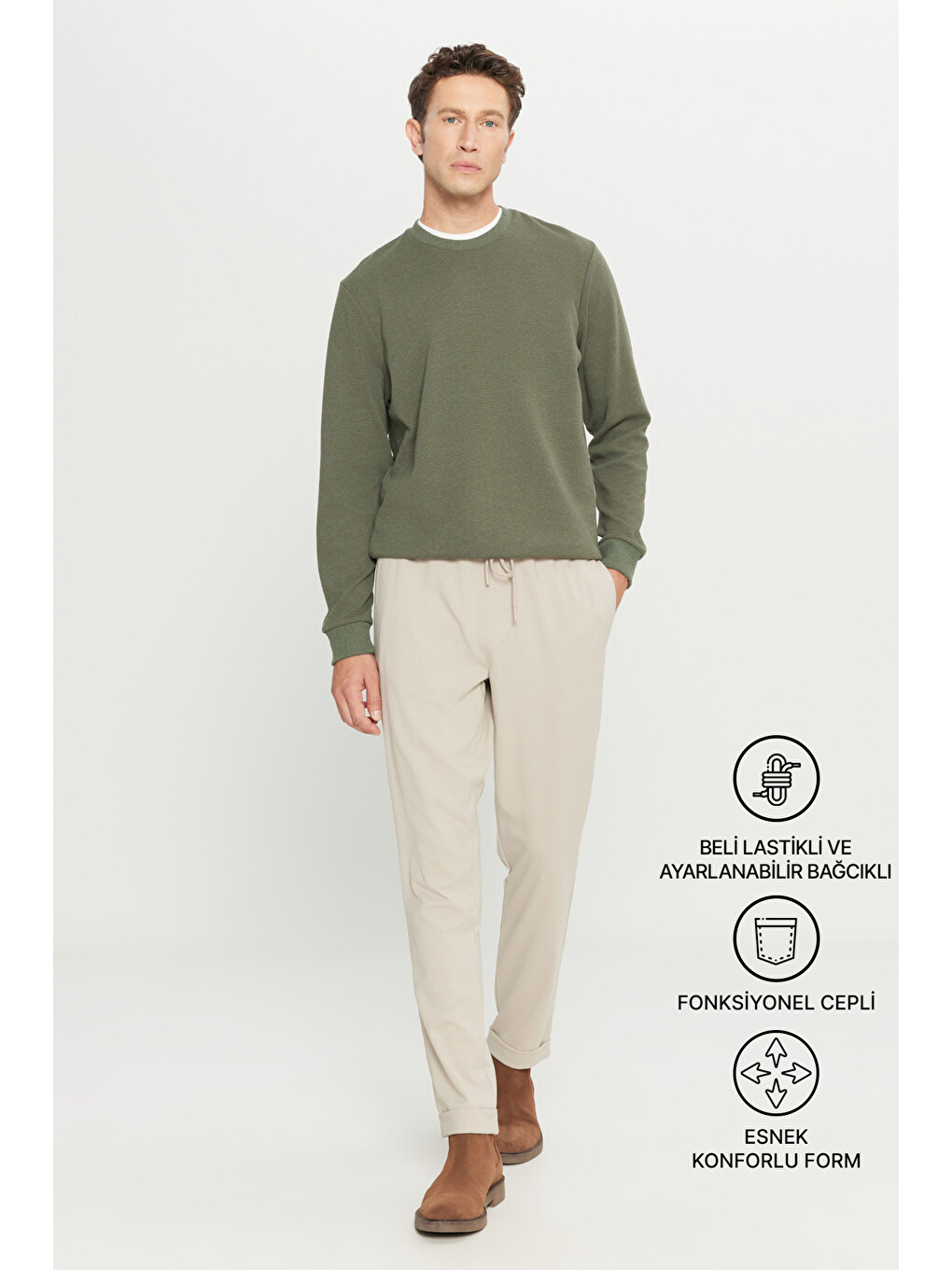 Erkek Bej Slim Fit Rahat Kesim Beli Bağlamalı Yan Cepli Jogger Pantolon-1