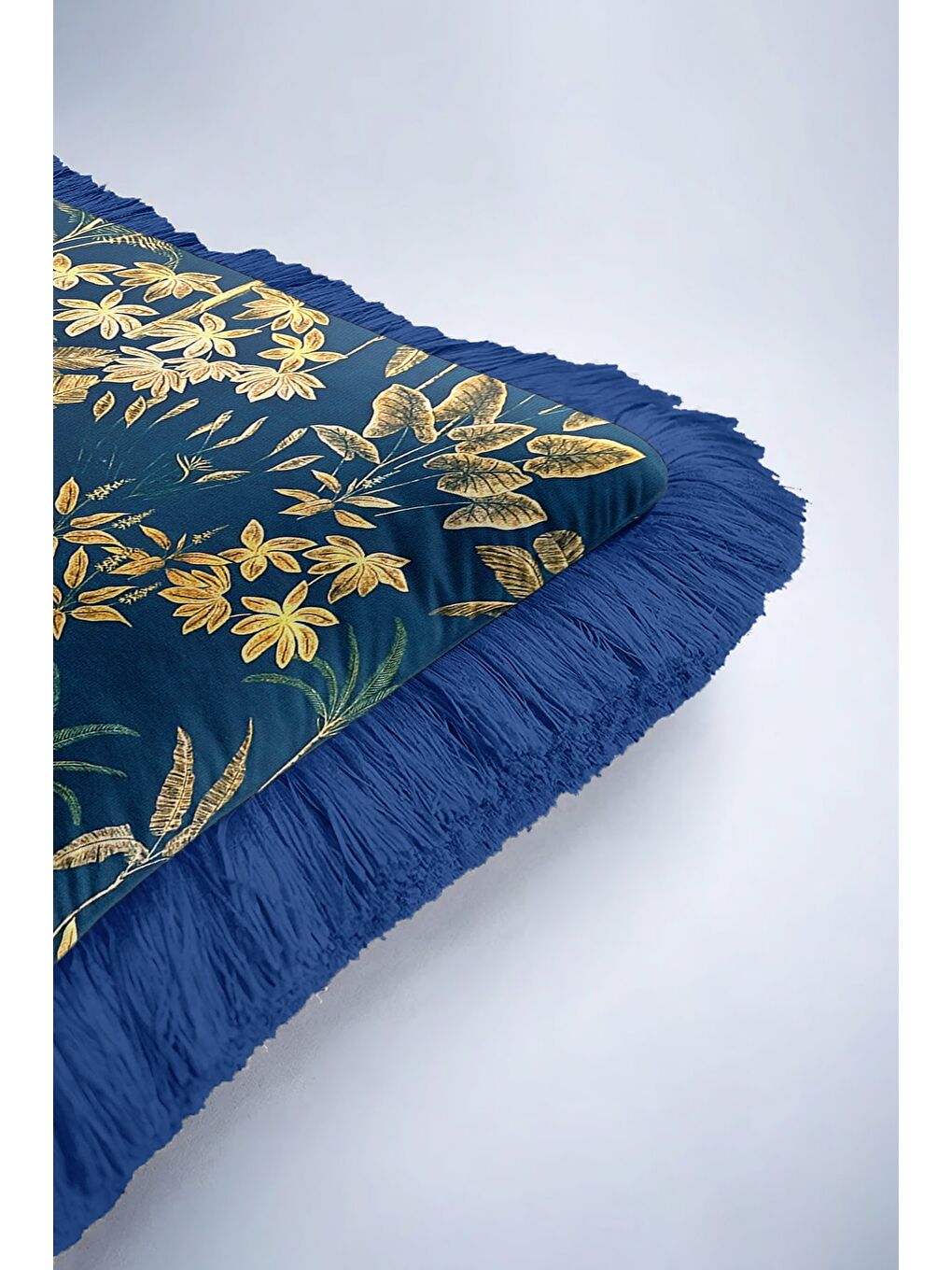 Karışık Tropikal Orman Altın Renkli Saçaklı Yastık Kılıfı - Lüks Bohem Lacivert Püsküllü Kırlent Kılıfı-6