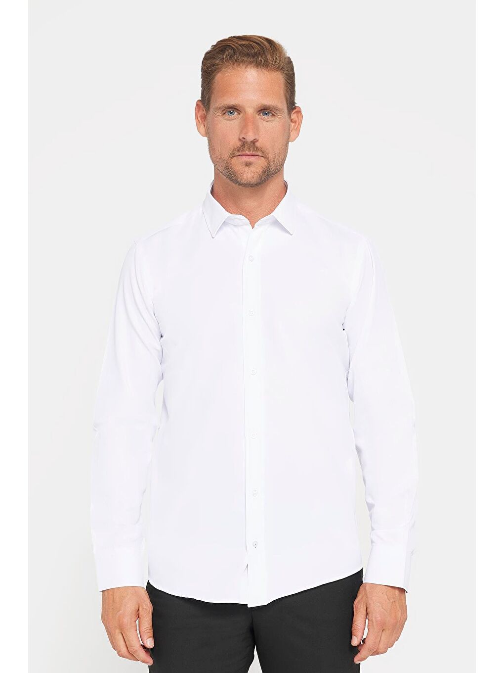 Erkek Modern Slim Fit Pamuklu Düz Beyaz Gömlek-1