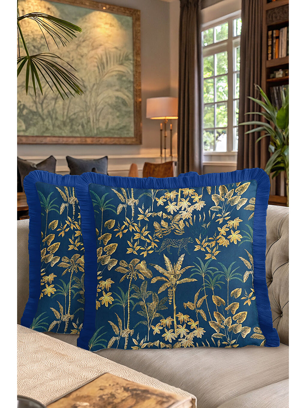 Karışık Tropikal Orman Altın Renkli Saçaklı Yastık Kılıfı - Lüks Bohem Lacivert Püsküllü Kırlent Kılıfı-7
