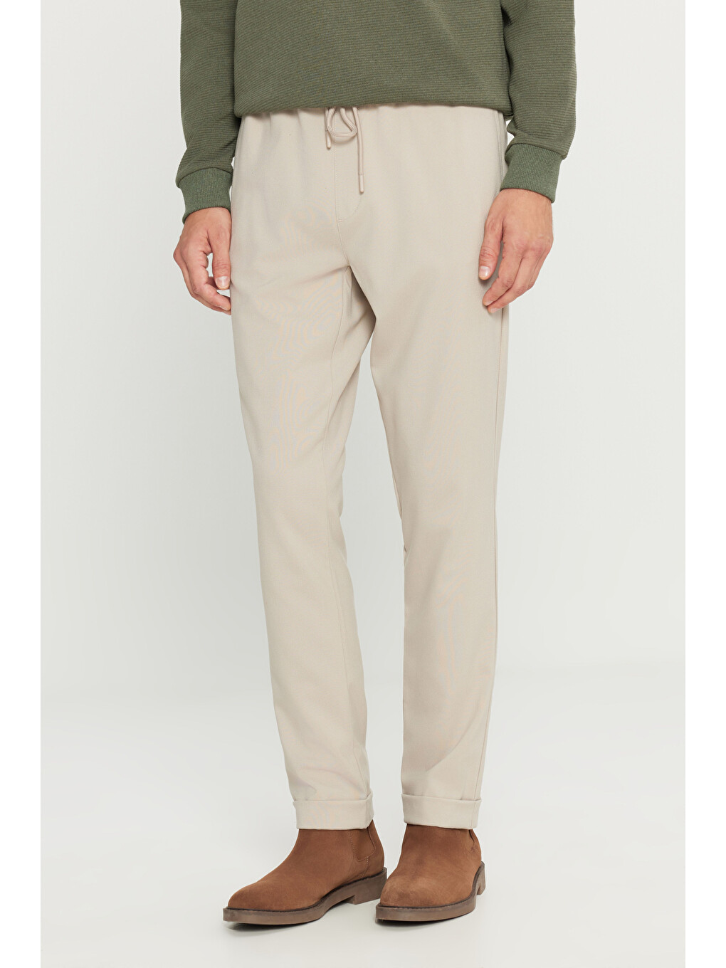 Erkek Bej Slim Fit Rahat Kesim Beli Bağlamalı Yan Cepli Jogger Pantolon-2