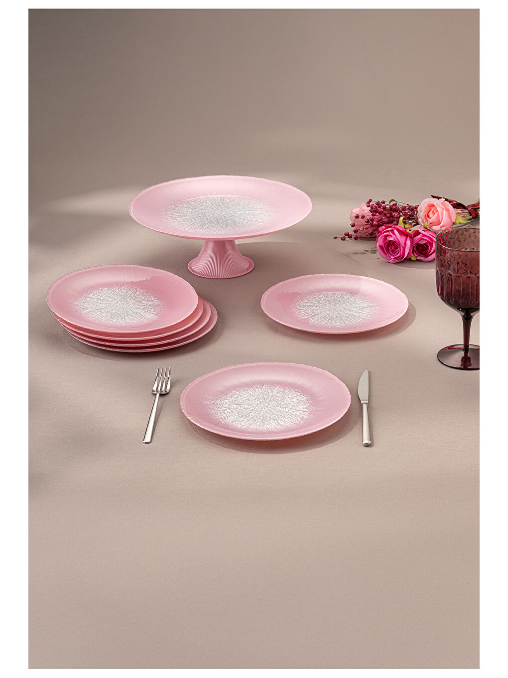 Pastel 7 Parça Cam Pasta / Tatlı Seti Pembe-4