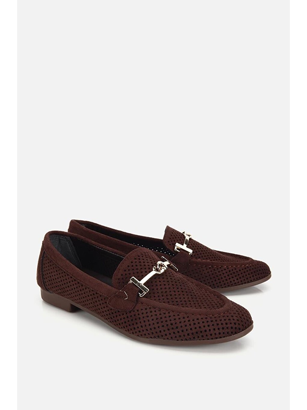 Kadın Kahverengi Süet Tokalı Zımba Detaylı Loafer-1