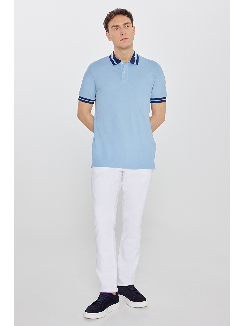 Erkek Açık Mavi Slim Fit Dar Kesim %100 Pamuk Polo Yaka Tişört-5