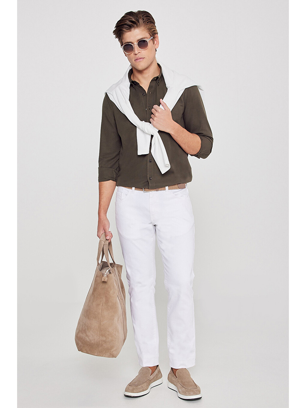 Erkek Haki Tailored Slim Fit Dar Kesim Düğmeli Yaka Oxford Gömlek-3