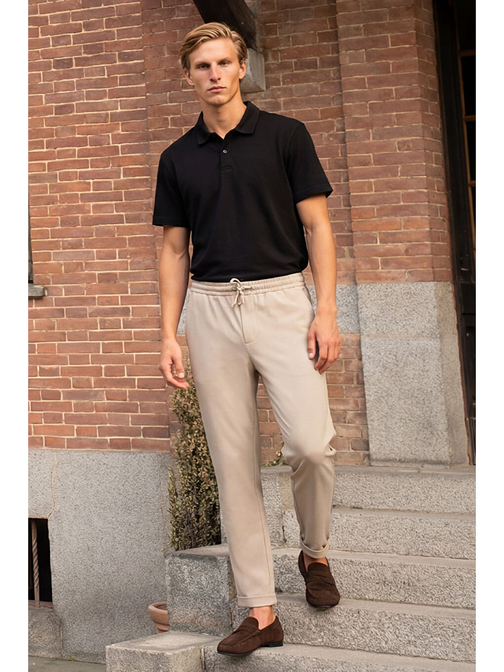 Erkek Bej Slim Fit Rahat Kesim Beli Bağlamalı Yan Cepli Jogger Pantolon-5