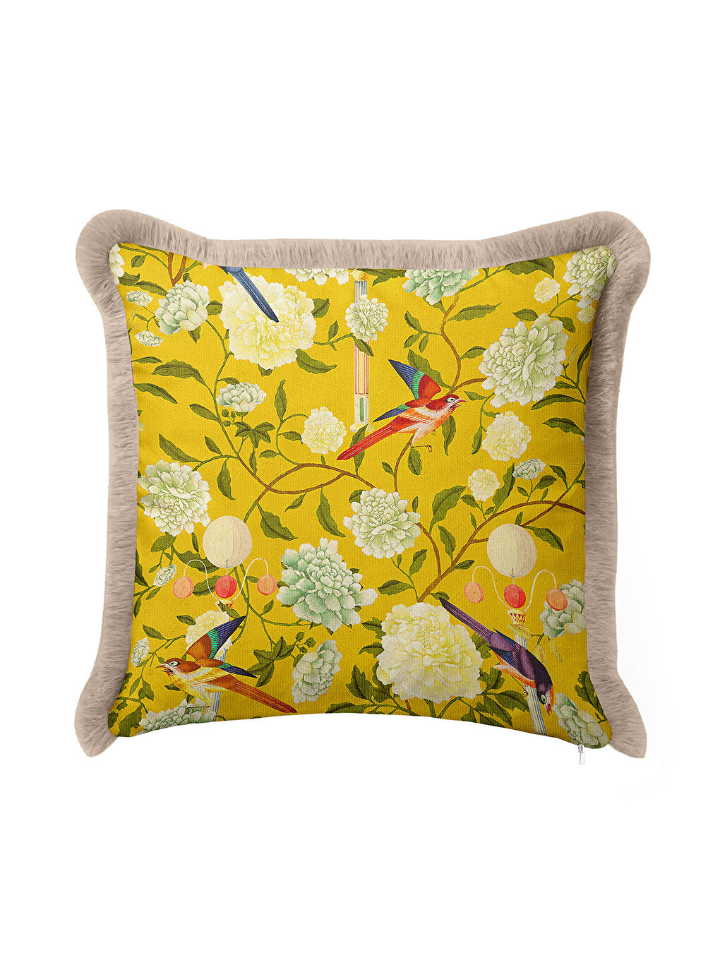 Karışık Tropikal Kuşlu Altın Renkli Saçaklı Yastık Kılıfı - Doğal Çiçek Bahçesi Sarı Püsküllü Kırlent Kılıfı-2