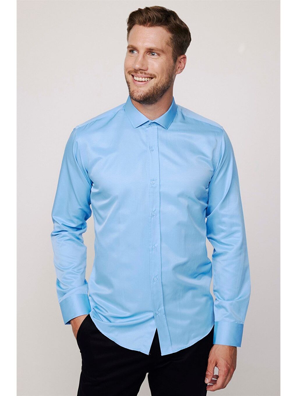 Modern Slim Fit Uzun Kollu Düz Saten Pamuklu Erkek Mavi Gömlek
