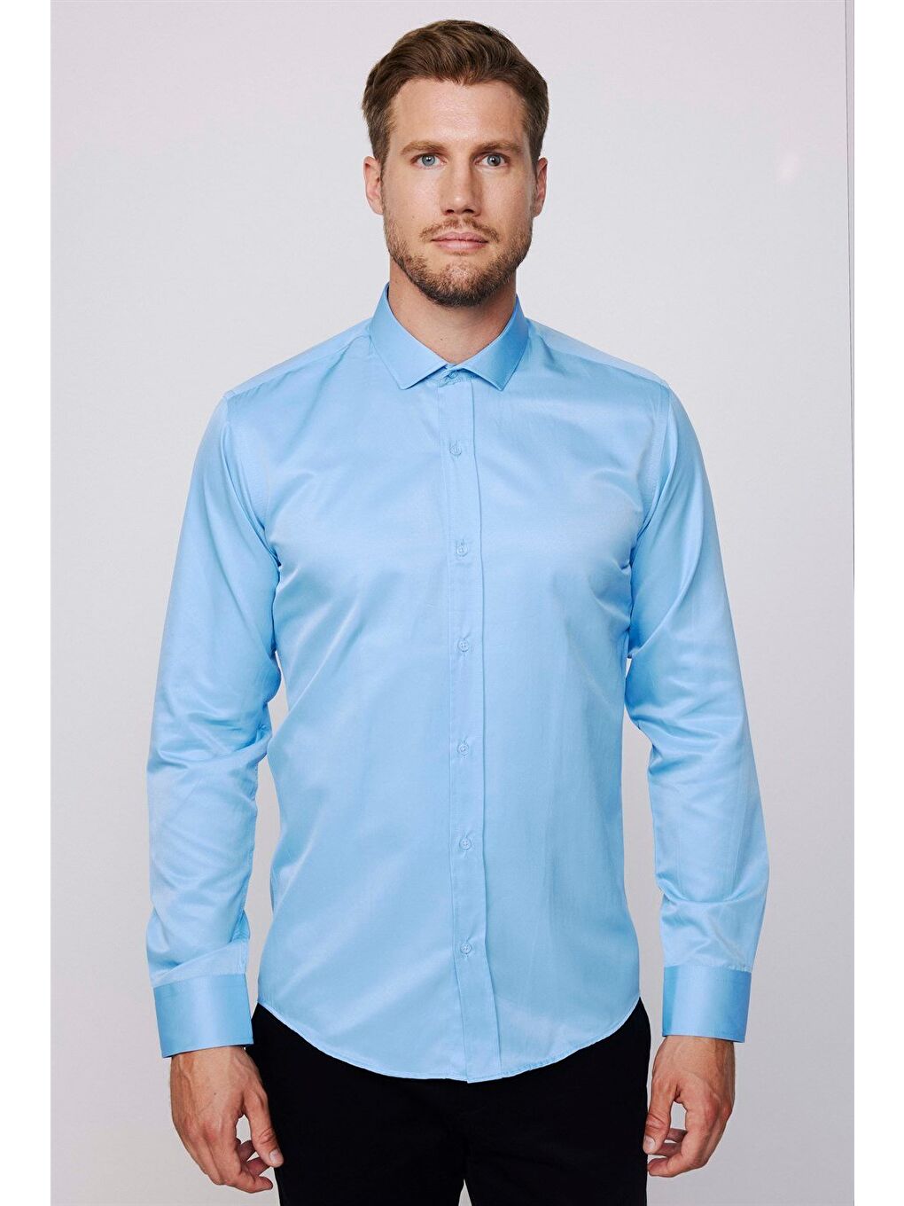 Modern Slim Fit Uzun Kollu Düz Saten Pamuklu Erkek Mavi Gömlek-1