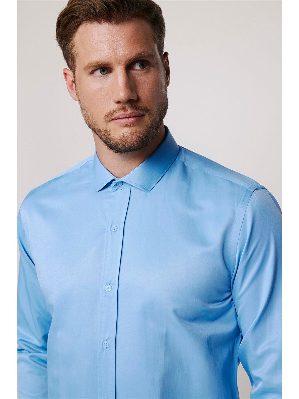 Modern Slim Fit Uzun Kollu Düz Saten Pamuklu Erkek Mavi Gömlek-2