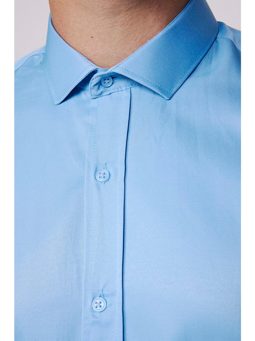 Modern Slim Fit Uzun Kollu Düz Saten Pamuklu Erkek Mavi Gömlek-3