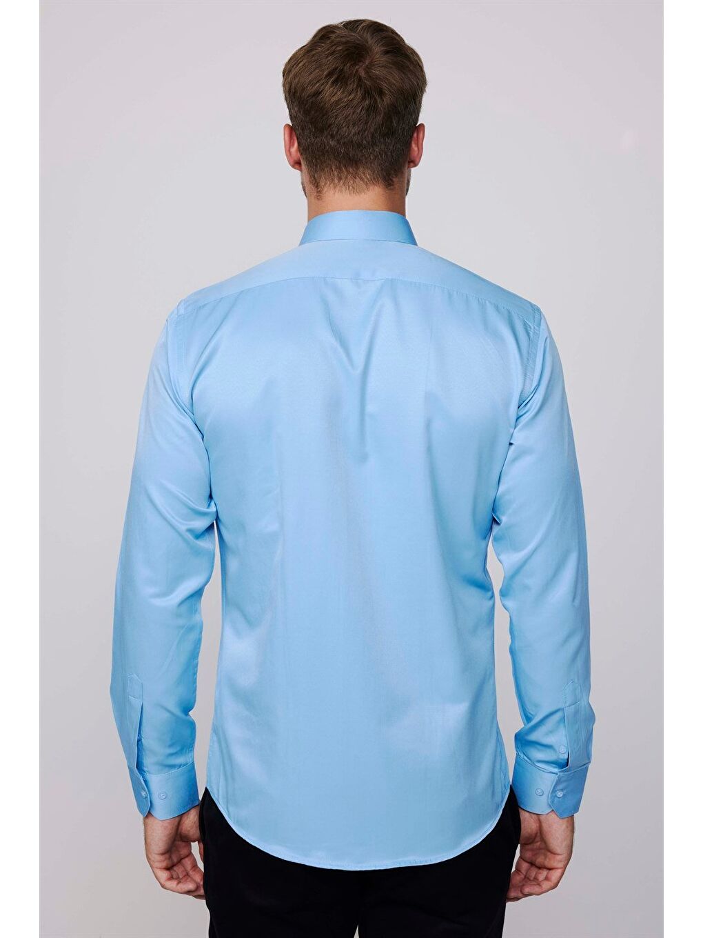 Modern Slim Fit Uzun Kollu Düz Saten Pamuklu Erkek Mavi Gömlek-4