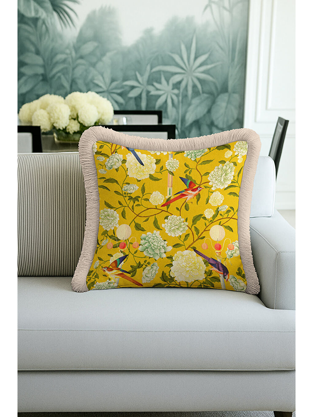 Karışık Tropikal Kuşlu Altın Renkli Saçaklı Yastık Kılıfı - Doğal Çiçek Bahçesi Sarı Püsküllü Kırlent Kılıfı-4