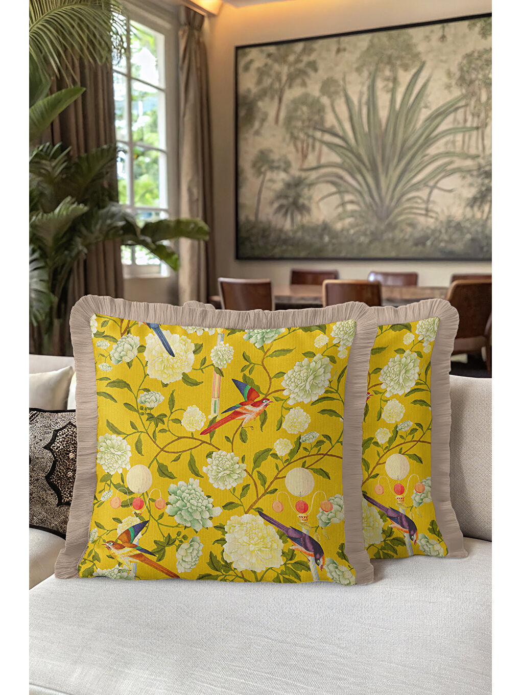 Karışık Tropikal Kuşlu Altın Renkli Saçaklı Yastık Kılıfı - Doğal Çiçek Bahçesi Sarı Püsküllü Kırlent Kılıfı-5