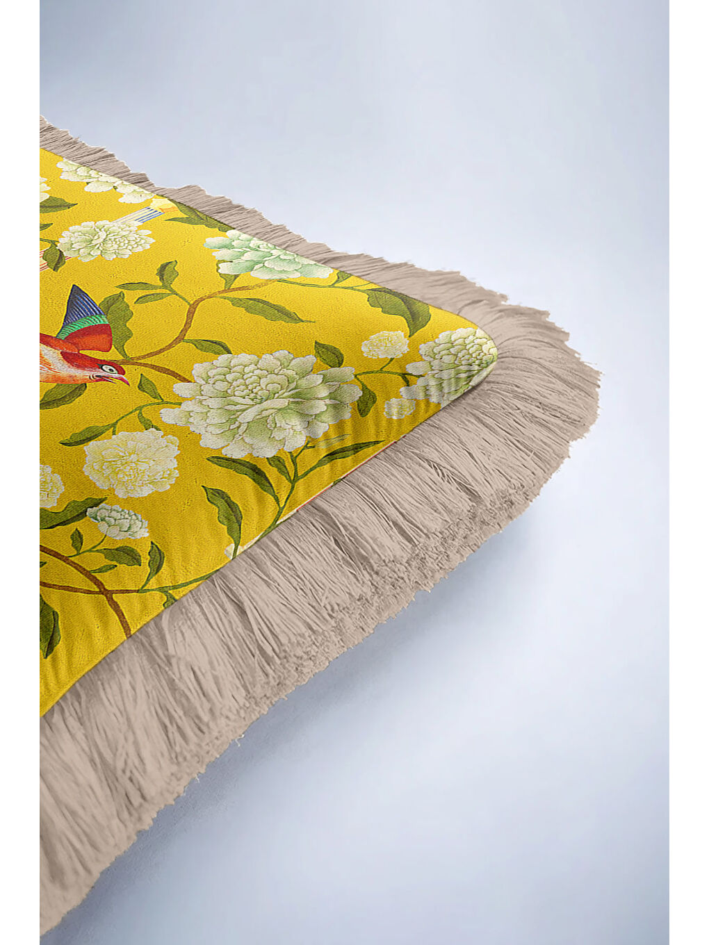 Karışık Tropikal Kuşlu Altın Renkli Saçaklı Yastık Kılıfı - Doğal Çiçek Bahçesi Sarı Püsküllü Kırlent Kılıfı-6