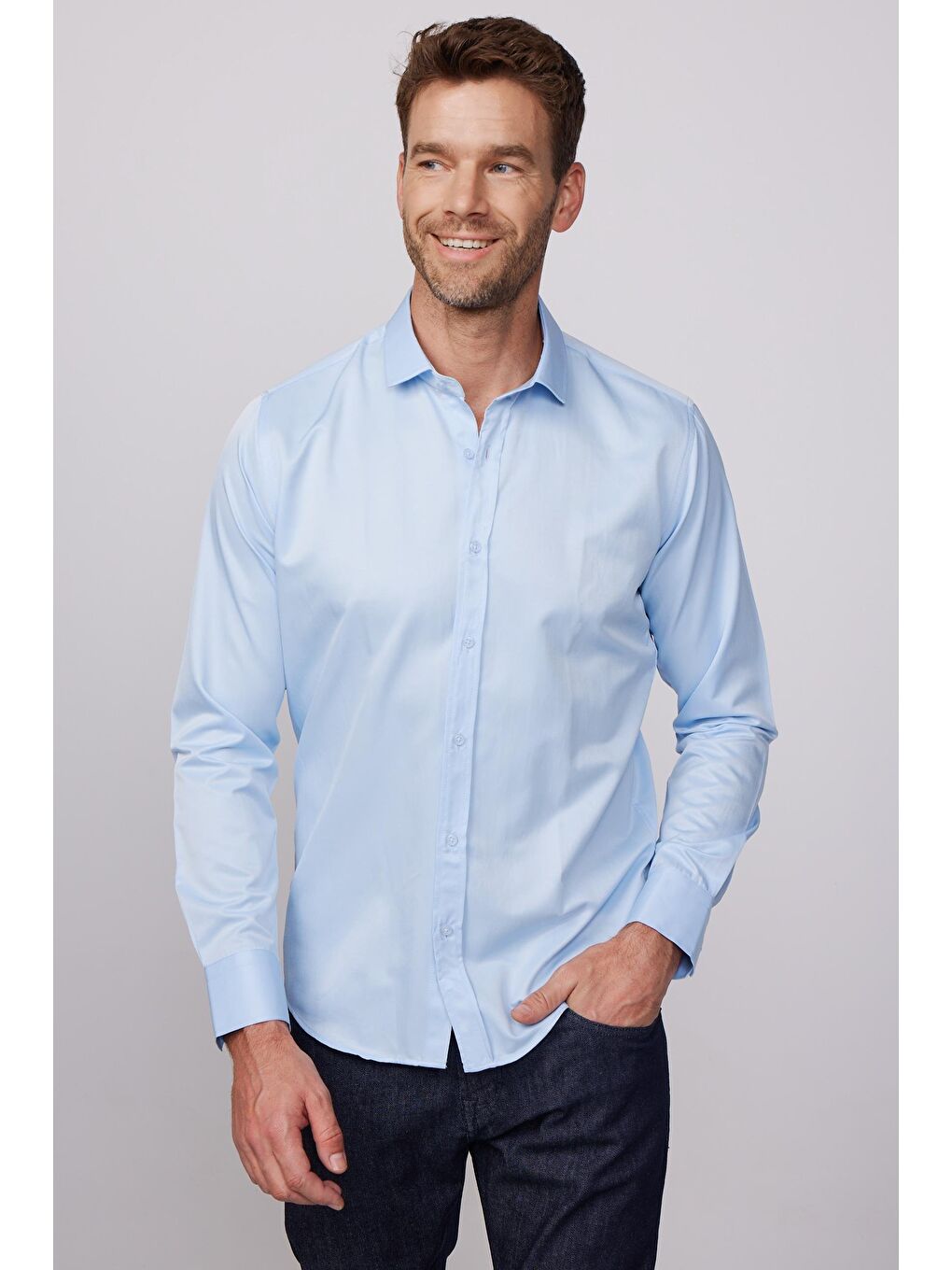 Modern Slim Fit Uzun Kollu Düz Saten Pamuklu Erkek Mavi Gömlek