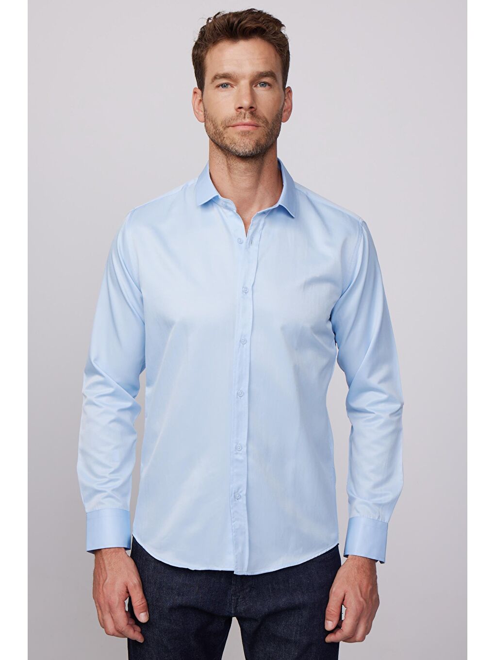 Modern Slim Fit Uzun Kollu Düz Saten Pamuklu Erkek Mavi Gömlek-1