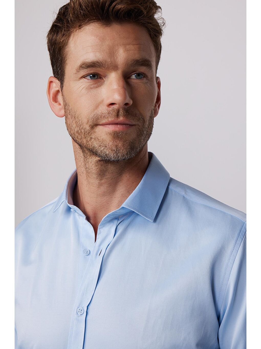 Modern Slim Fit Uzun Kollu Düz Saten Pamuklu Erkek Mavi Gömlek-2