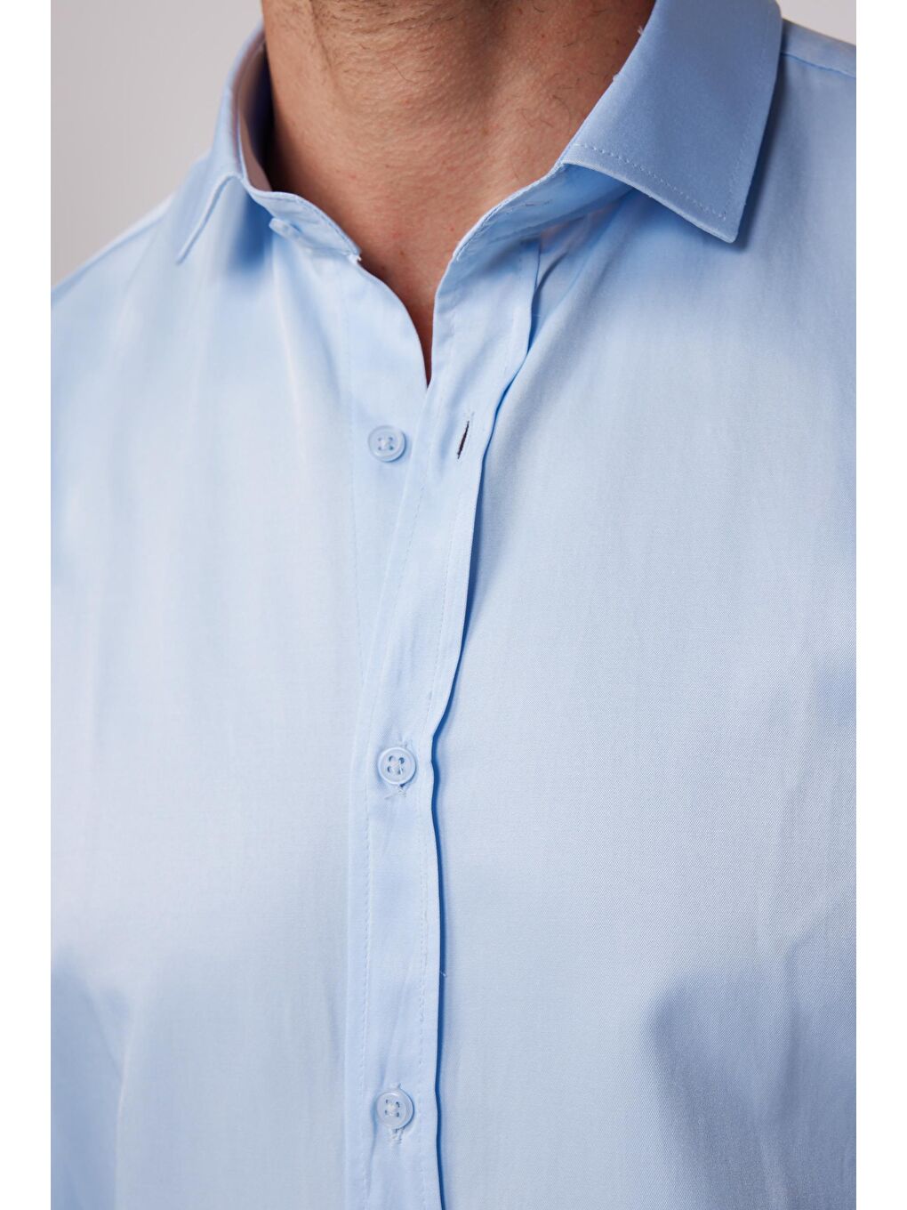 Modern Slim Fit Uzun Kollu Düz Saten Pamuklu Erkek Mavi Gömlek-3
