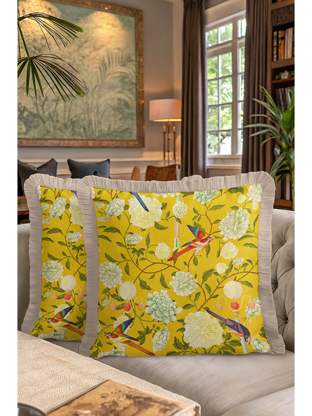 Karışık Tropikal Kuşlu Altın Renkli Saçaklı Yastık Kılıfı - Doğal Çiçek Bahçesi Sarı Püsküllü Kırlent Kılıfı-7