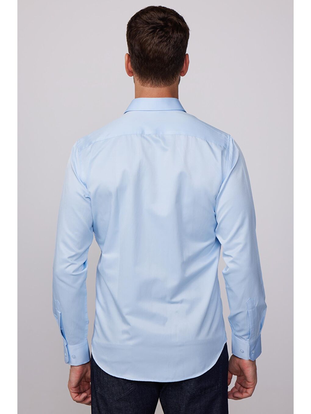 Modern Slim Fit Uzun Kollu Düz Saten Pamuklu Erkek Mavi Gömlek-4