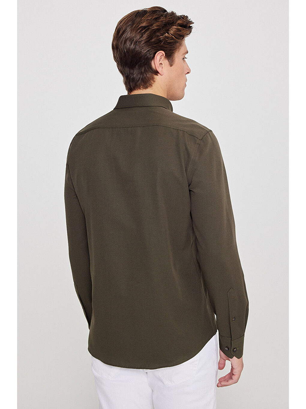 Erkek Haki Tailored Slim Fit Dar Kesim Düğmeli Yaka Oxford Gömlek-7