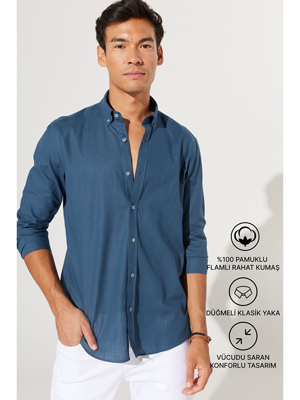 Erkek Koyu Petrol %100 Pamuk Oxford Slim Fit Dar Kesim Düğmeli Yaka Flamlı Gömlek