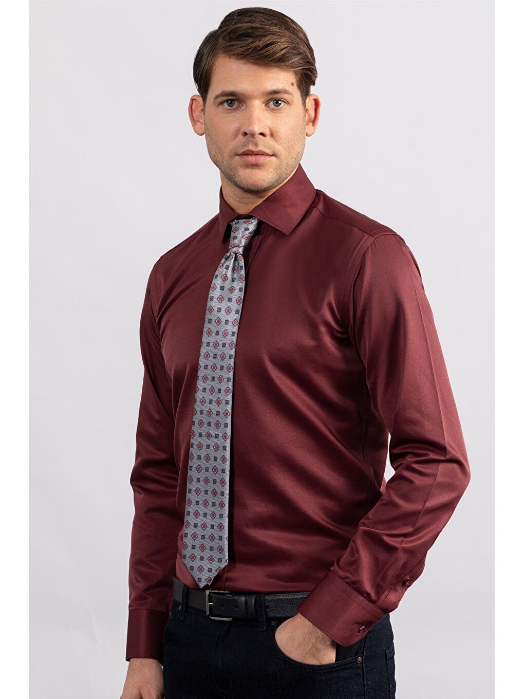 Erkek Modern Slim Fit Düz Saten Pamuklu Bordo Gömlek-1