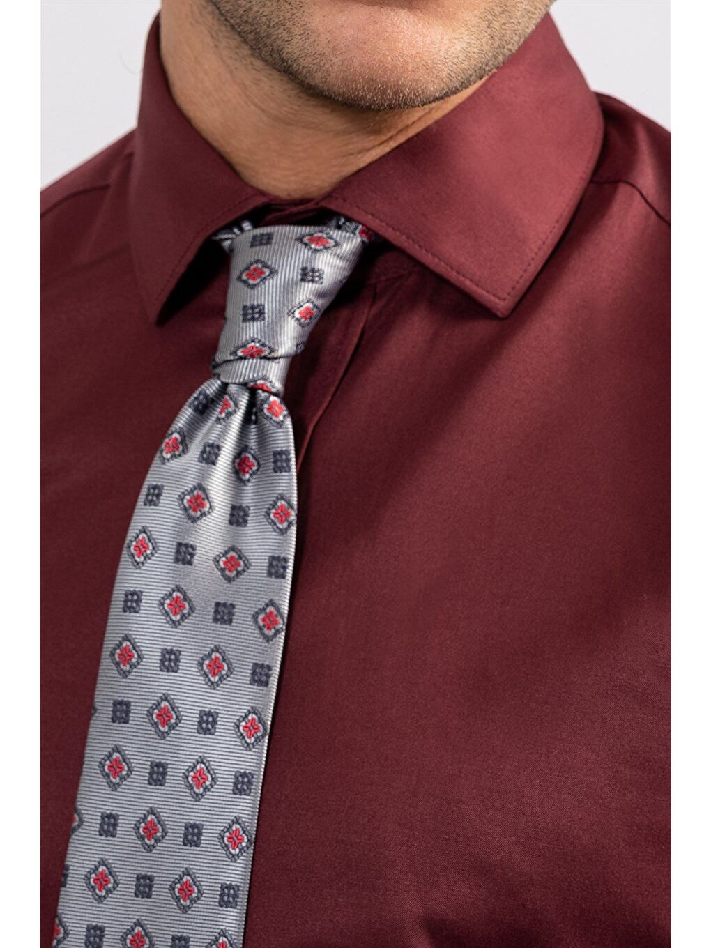 Erkek Modern Slim Fit Düz Saten Pamuklu Bordo Gömlek-2
